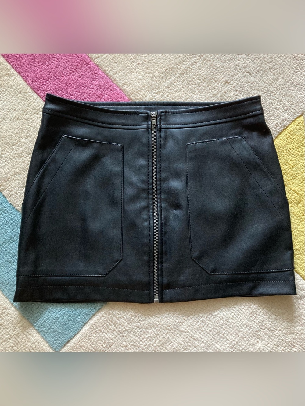 Free People Maya Mod Black Faux Vegan Leather Mini Skirt Zipper Front Pockets 0